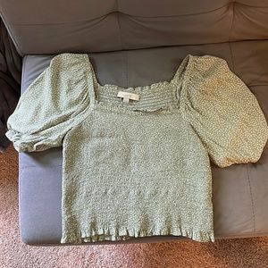 Loft green polka dot ruffle shirt, size XS